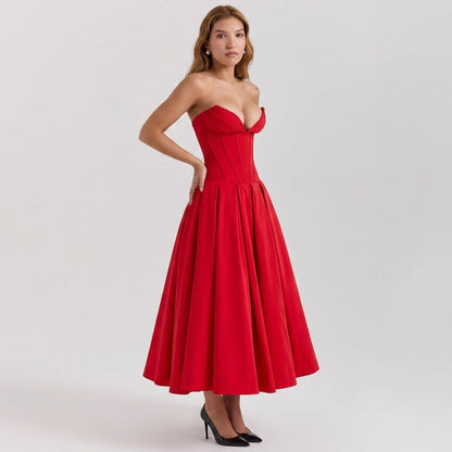Deep V-Neck Wrap Sleeveless Mid-Length Dress