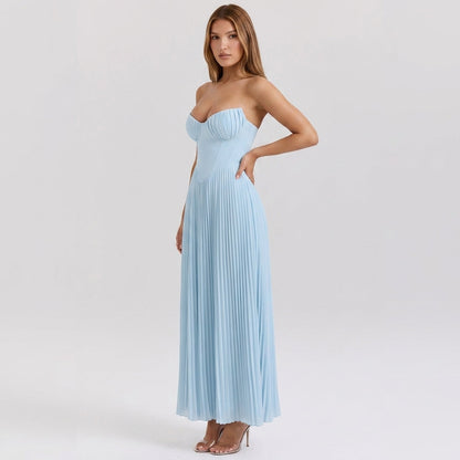 Strapless Ruched Pleated V-Neck Maxi Gown
