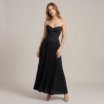 Strapless Ruched Pleated V-Neck Maxi Gown