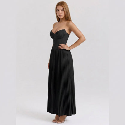 Strapless Ruched Pleated V-Neck Maxi Gown