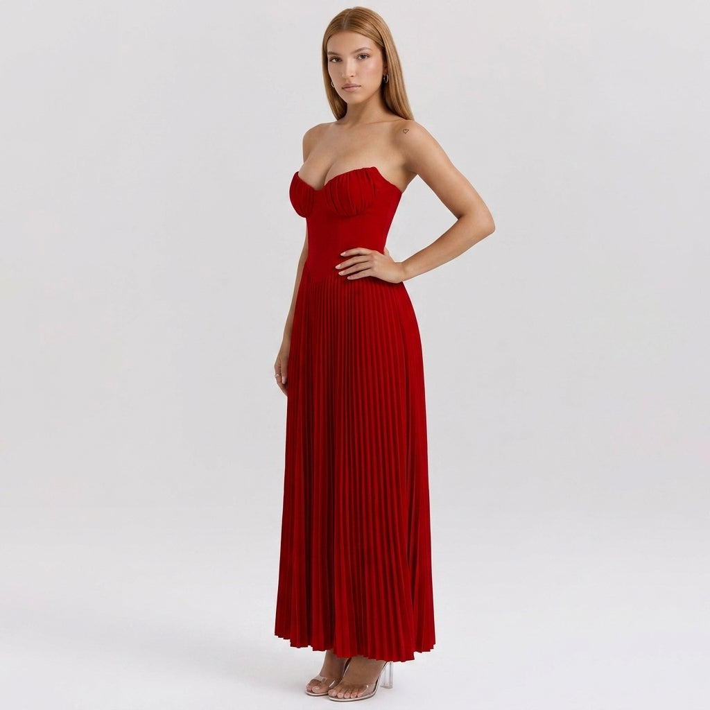 Strapless Ruched Pleated V-Neck Maxi Gown