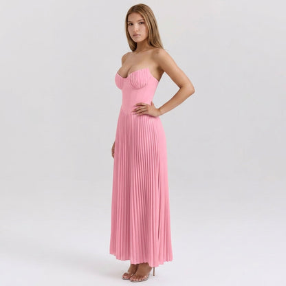 Strapless Ruched Pleated V-Neck Maxi Gown