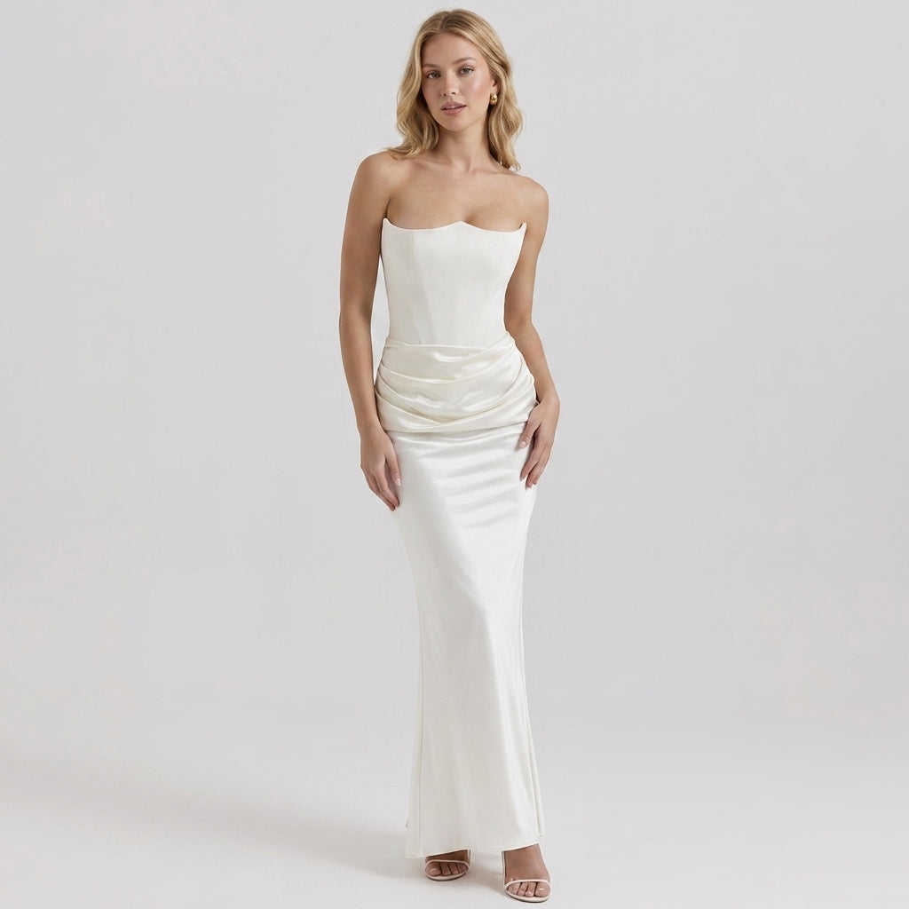 One-Shoulder Pleated Bodysuit Maxi Dress