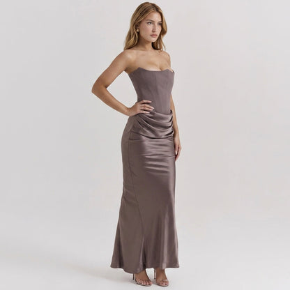 One-Shoulder Pleated Bodysuit Maxi Dress