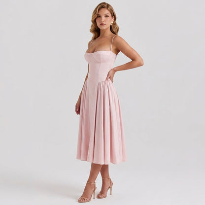 Off-The-Shoulder Puff Sleeve Corset Midi Dress