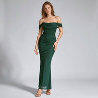 One-Shoulder Pleated Fishbone Mesh Midi Dress