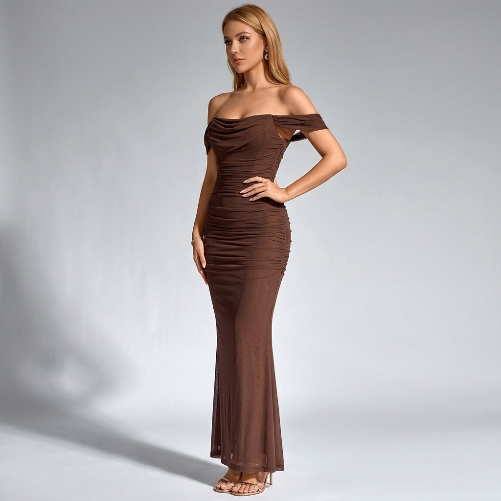 One-Shoulder Pleated Fishbone Mesh Midi Dress