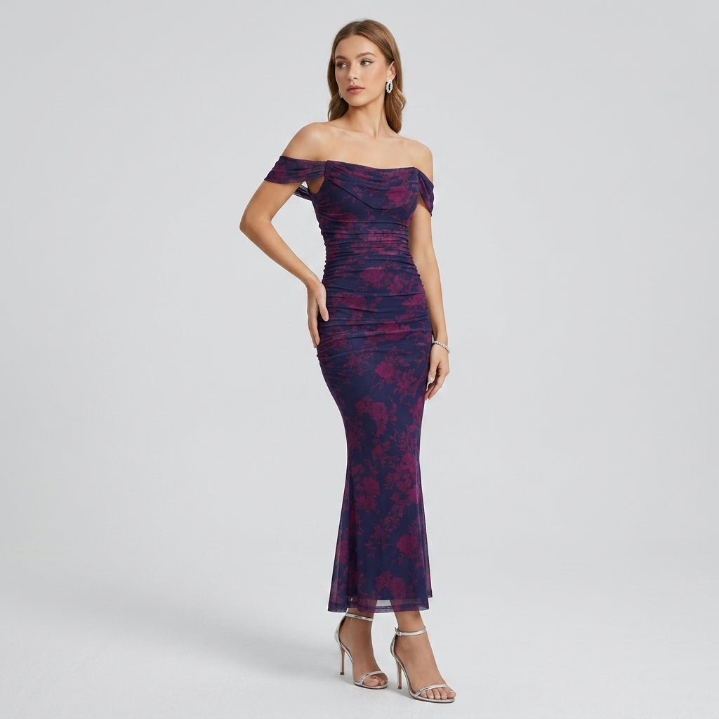 One-Shoulder Pleated Fishbone Mesh Midi Dress