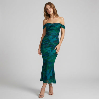 One-Shoulder Pleated Fishbone Mesh Midi Dress
