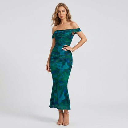 One-Shoulder Pleated Fishbone Mesh Midi Dress