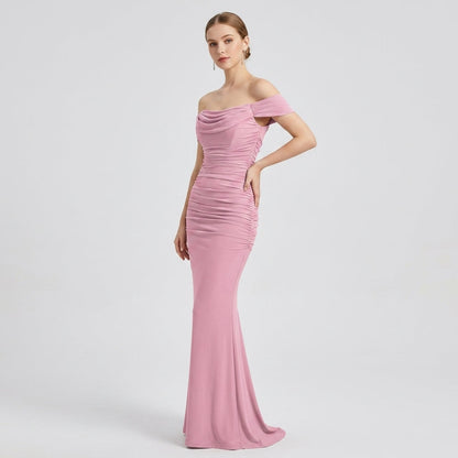 One-Shoulder Pleated Fishbone Mesh Midi Dress