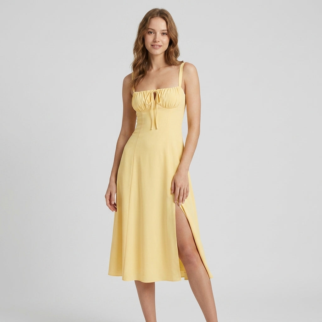High-Waisted Lace-Up Sling Midi Dress with Slit