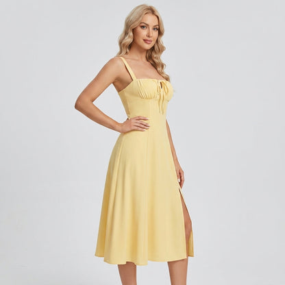 High-Waisted Lace-Up Sling Midi Dress with Slit