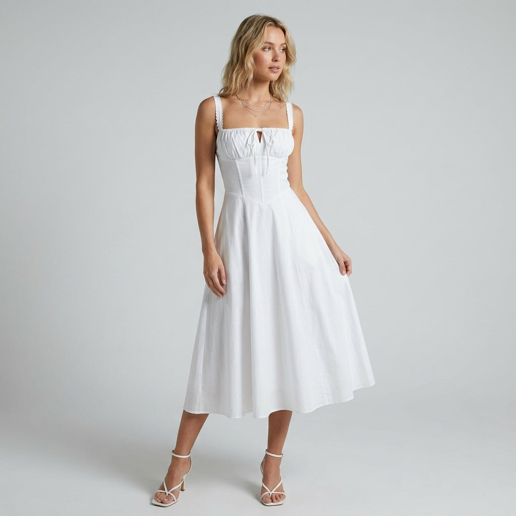High-Waisted Lace-Up Sling Midi Dress with Slit