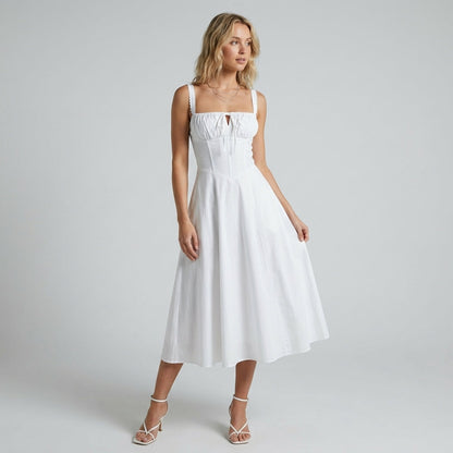 High-Waisted Lace-Up Sling Midi Dress with Slit