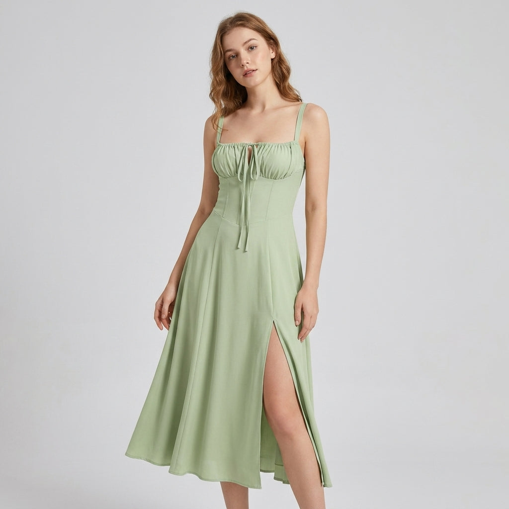 High-Waisted Lace-Up Sling Midi Dress with Slit