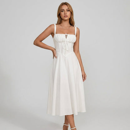 High-Waisted Lace-Up Sling Midi Dress with Slit