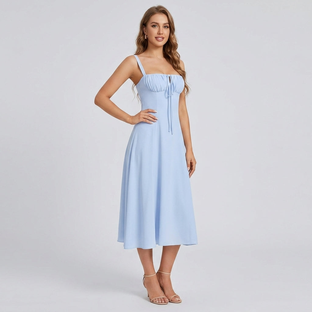 High-Waisted Lace-Up Sling Midi Dress with Slit