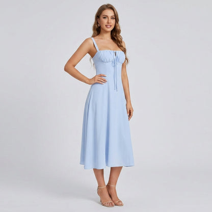 High-Waisted Lace-Up Sling Midi Dress with Slit