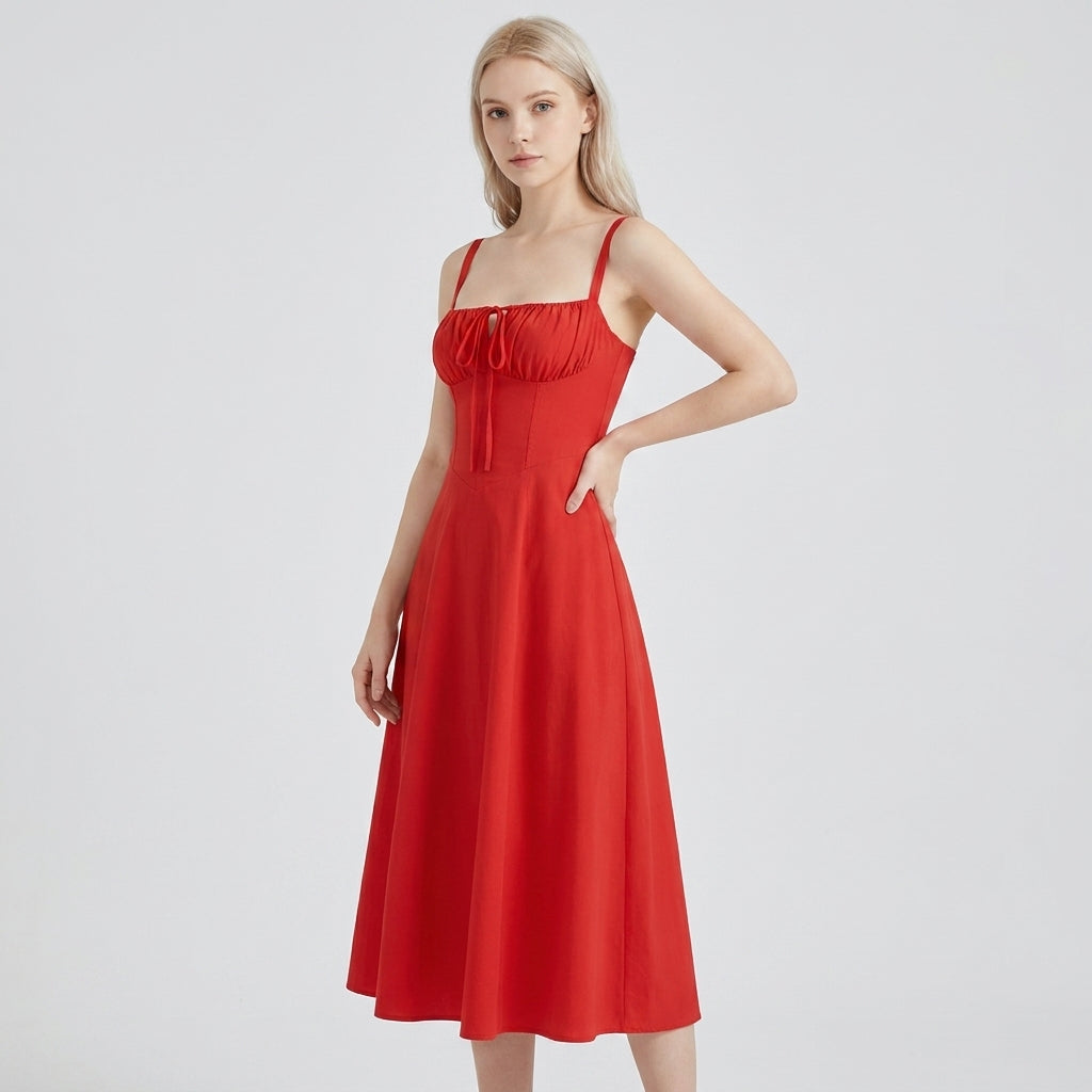 High-Waisted Lace-Up Sling Midi Dress with Slit
