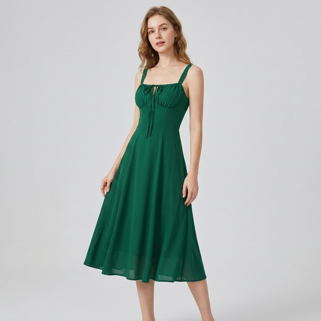 High-Waisted Lace-Up Sling Midi Dress with Slit