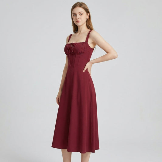 High-Waisted Lace-Up Sling Midi Dress with Slit