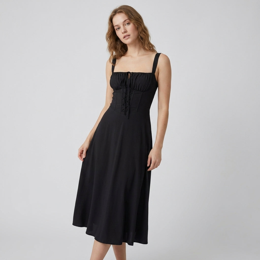 High-Waisted Lace-Up Sling Midi Dress with Slit