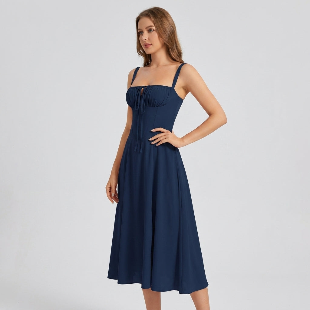 High-Waisted Lace-Up Sling Midi Dress with Slit