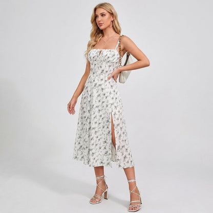 High-Waisted Lace-Up Sling Midi Dress with Slit