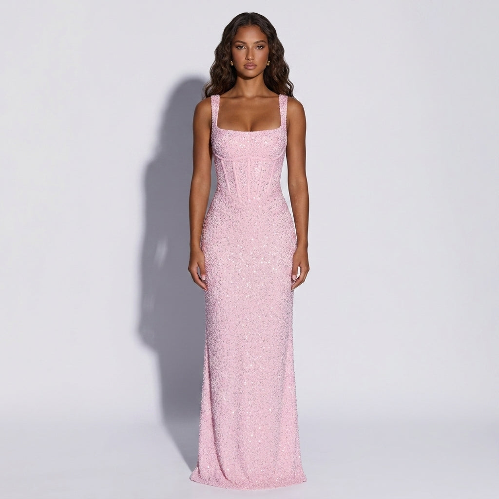 Sequined Slit Tube Dress with Adjustable Straps