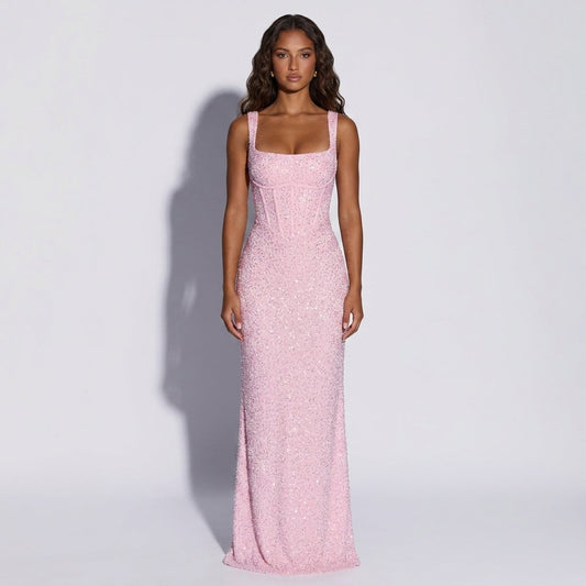 Sequined Slit Tube Dress with Adjustable Straps