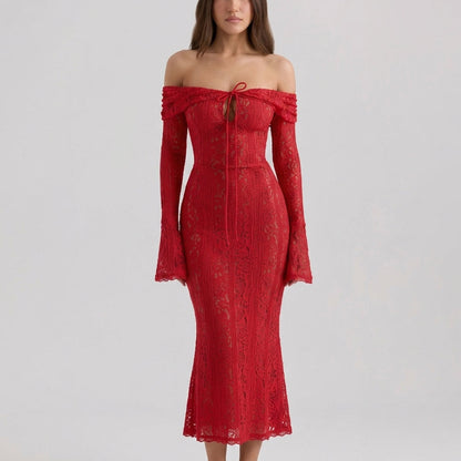 One-Shoulder Bell Sleeve Lace Maxi Gown