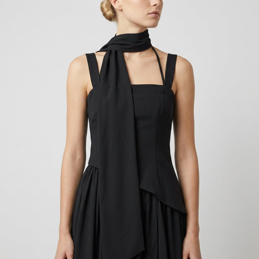 Pleated Scarf Strap High Slit Maxi Dress